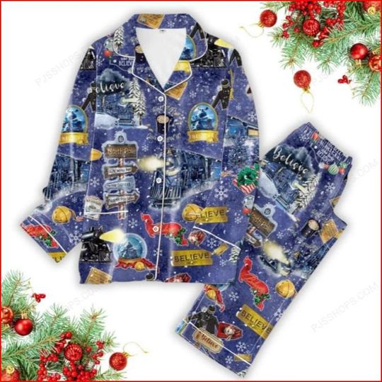 The Polar Express Christmas Pajamas Set, Xmas Long Sleeve Pajamas, North Pole Believe Movie Shirt, Holiday Sleepwear, Christmas Gift