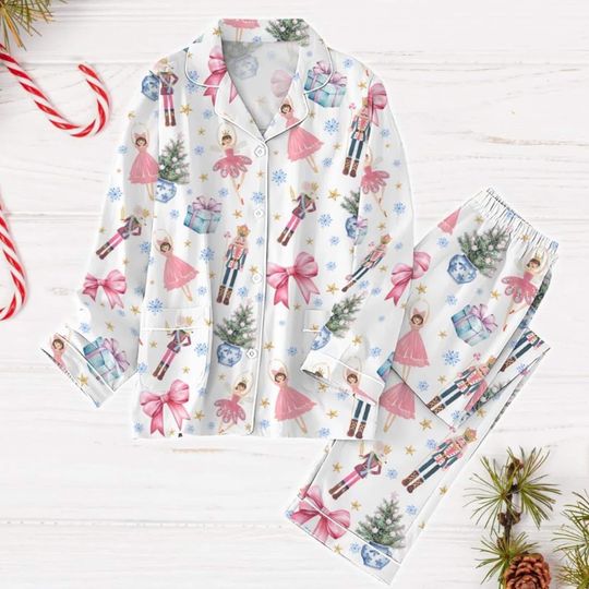 Nutcracker Coquette Christmas Pajamas Set, Pink Fairy Holiday Pajamas, Nutcracker Ballet Xmas Pajamas, Christmas Party Gift