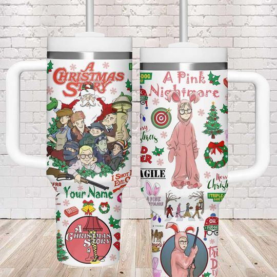 A Christmas Story Christmas Tumbler, Ralphie Pink Xmas Tumbler, Personalized Oh Fudge 40 oz, Funny Christmas Movie Coffee Tumbler