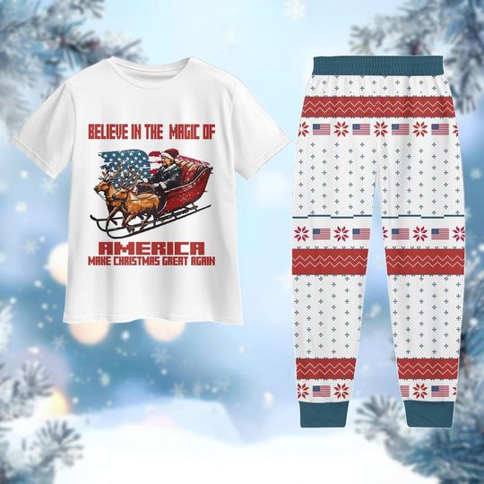 Trump Make Christmas Great Again Pajamas Set, Funny Trump Holiday Pajamas, American Flag Shirt, Santa Hat Trump Pjs, Pajamas For Party