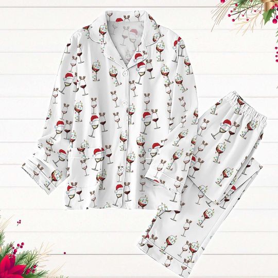 Christmas Red Wine Glass Pajamas, Santa Reindeer Holiday Pajamas, Funny Xmas Drinking PJs, Xmas Party Gift, Long Sleeve Pajamas