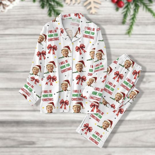 Coquette Bow Trump Christmas Pajamas Set, Trump Pajama Pants, I'll Be Home For Christmas Pajamas, Trump Santa Shirt, Republican Gift