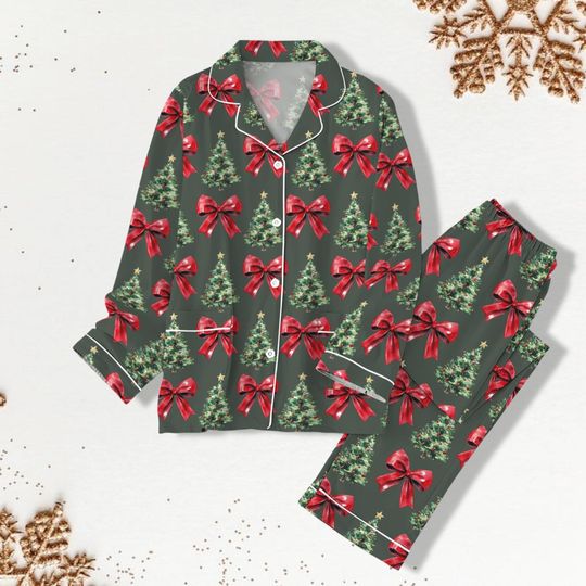 Christmas Coquette Bow Christmas Tree Pajamas, Farm Fresh Christmas Tree Shirt, Holiday Christmas Womens Pajamas, Family Pajama Set