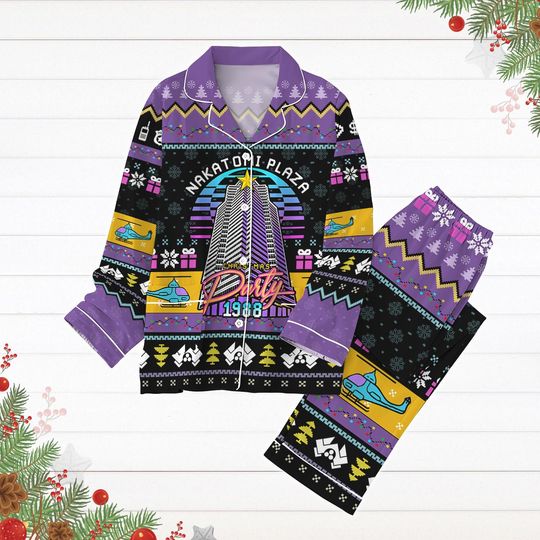 Nakatomi Plaza Party 1988 Pajamas Set, Funny 80s Die Hard Movie Holiday Pajamas, Hans Gruber Pj Set Pants, Action Movie Lover Pjs
