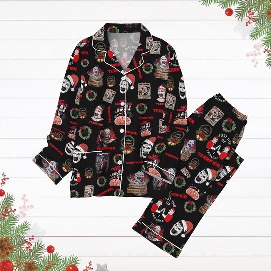 Christmas Terrifier Horror Movie Pajamas, The Scary Clown Holiday Pjs, Santa Hat Terrifier Pj Set Pants, Art The Clown Pyjamas
