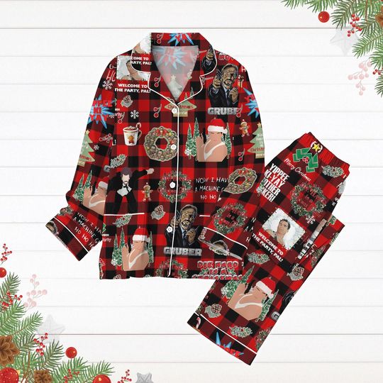 Christmas Hans Gruber Pajamas Set, Die Hard Holiday Pajamas, John McClane Xmas Pjs, Nakatomi Plaza Shirt, Christmas Movie Pjs For Party