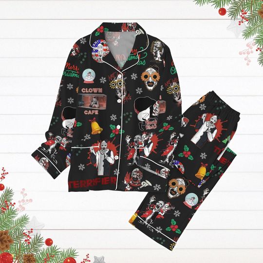Terrifier Christmas Pajamas Set, Terrifier Merry Xmas Pjs, Evil Clown Pajamas Pants, Scary Movie Holiday Pajamas, Horror Characters