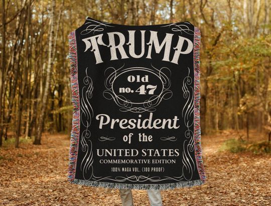 Trump Woven Blanket - Whiskey Bottle MAGA Blanket, Political Throw, Patriotic Home Decor, President Trump Gift, Republican Blanket