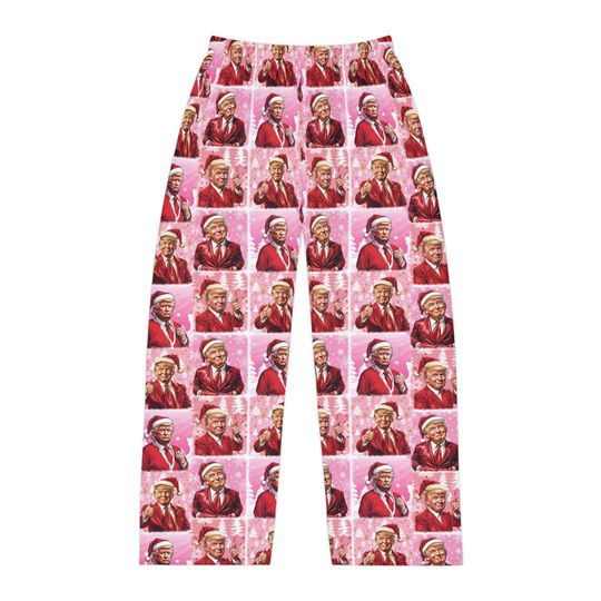 Funny Trump Caricature Christmas Pajama Pants  Cozy Pink Unisex Holiday Lounge Wear