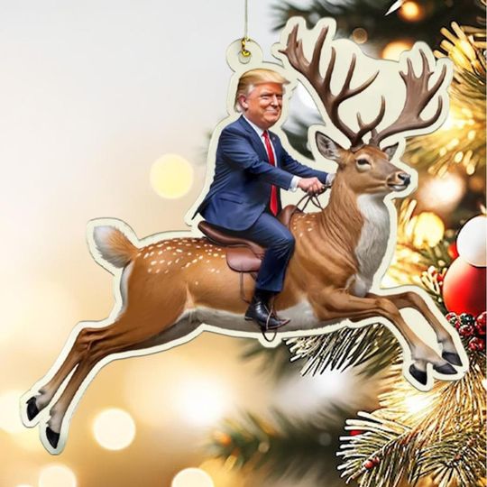Trump Riding Reindeer Christmas Ornament, Funny Trump Acrylic Ornament, Maga President Christmas Tree Decor, Donald Trump Xmas Ornament