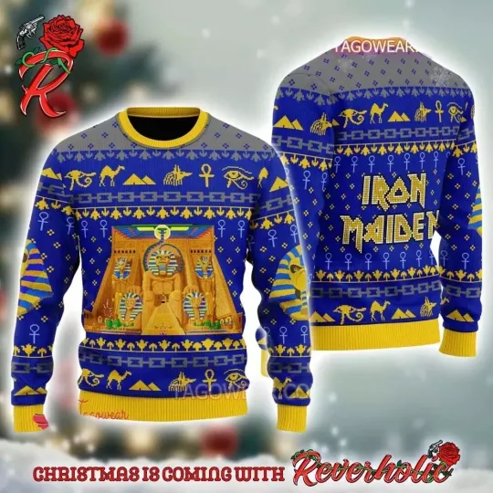 Iron Maiden Powerslave Album Cover Pixel Style With Egypt Ugly Christmas Sweater