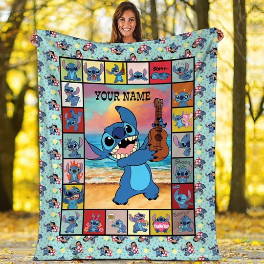 Personalized Lilo Stitch Blanket, Custom Stitch Blanket, Ohana Means Family Blanket, Blanket for Bed Couch Sofa, Disneyland Xmas Blanket