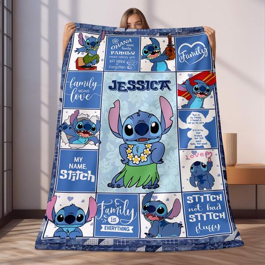 Personalized Disneyland Stitch Blanket, Custom Name Lilo Stitch Baby Blanket, Stitch Birthday Gift, WDW Disneyland Stitch Ohana Means Family