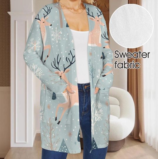 Christmas Cardigan for Her, Reindeer and Snow Design, WITHOUT POCKET, Open Sweater for Xmas Cheer