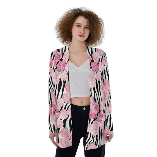 Pink Roses over Zebra Print | Women's Patch Cardigan WITHOUT POCKET