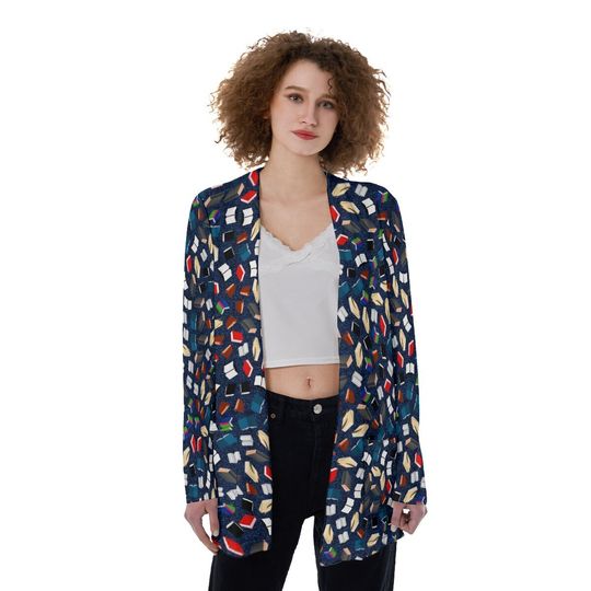Bookworm blue | I love reading | Book pattern | Books Print | Gift for teachers, writers, readers | Women's Patch Cardigan WITHOUT POCKET