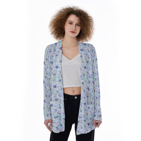 Blueberry Gardenia | Blueberries over pastel petals | Also in Pink Watermelon | All-Over Print Women's Patch Cardigan WITHOUT POCKET