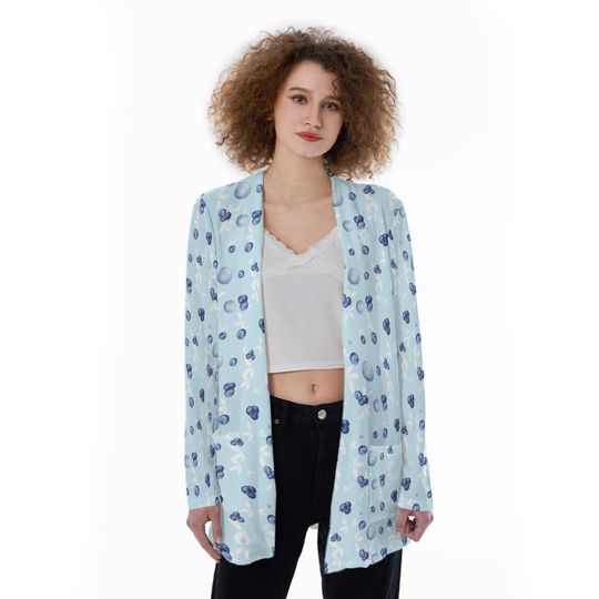 Berry Blue | Blueberries All-Over Print | All-Over Print Women's Patch Cardigan WITHOUT POCKET