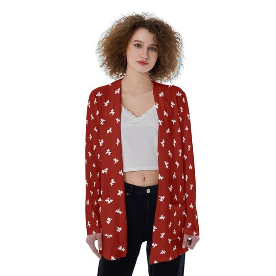 Polka-Poodles | Lipstick Red and White | All-Over Print Women's Patch Cardigan