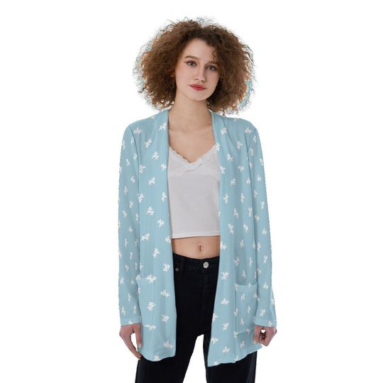 Polka-Poodles | Powder Blue and White | All-Over Print Women's Patch Cardigan