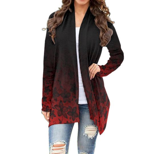 Black Floral Lace Ombre | Red & Green Colors | All-Over Print Women's Cardigan With Long Sleeve
