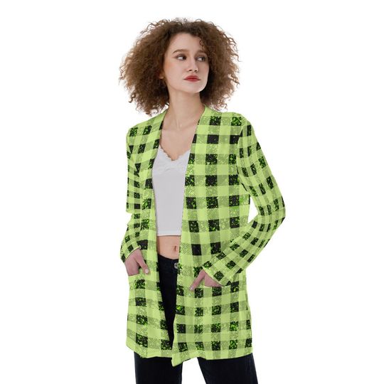 Vibrant Green Plaid All-Over Print Women's Patch Cardigan