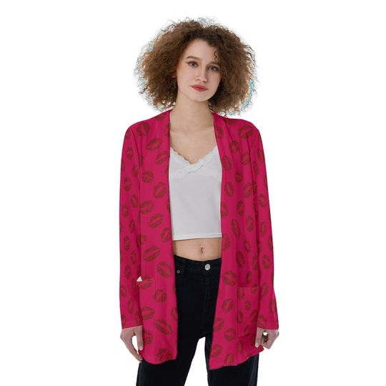 Lipstick Kisses & Red Wine All-Over Print Women's Patch Cardigan