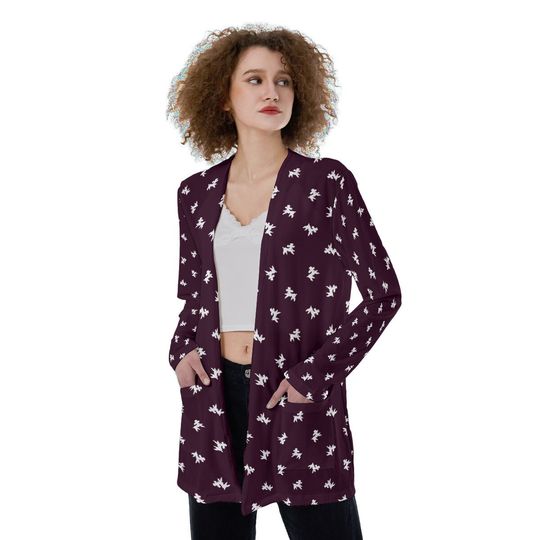 Polka-Poodles & Wine | Deep Purple Merlot and White | All-Over Print Women's Patch Cardigan