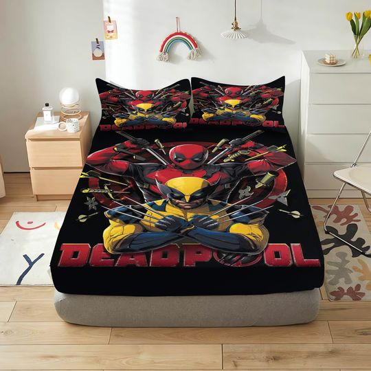 Deadpool and Wolverine Cartoon Fitted Sheets Anime Printing Cute Children's Bedding Set ​