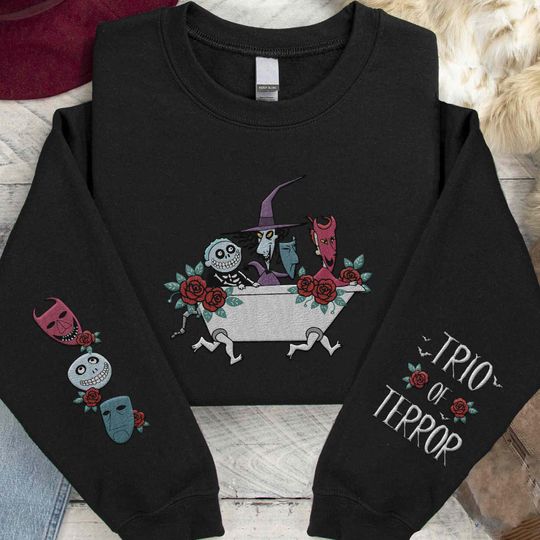 Embroidered Disney Trio Of Terror Lock Shock Barrel Sweatshirt, The Nightmare Before Christmas Embroidery Sweater, Spooky Disneyland Trip