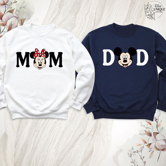 Minnie Mom Sweatshirt Mickey Dad Hoodie, Family Couple Matching Outfits, Disney Minnie Mouse Mama Sweatshirt, Disney Dada Dad Long Sleeve