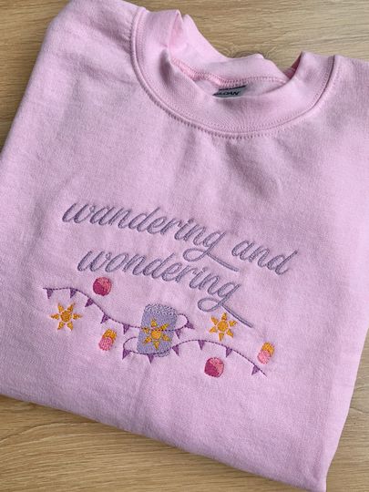 Princess Inspired Embroidered Pink Crewneck Sweatshirt with Rapunzel Inspired Quote and Motif - 'wandering and wondering'