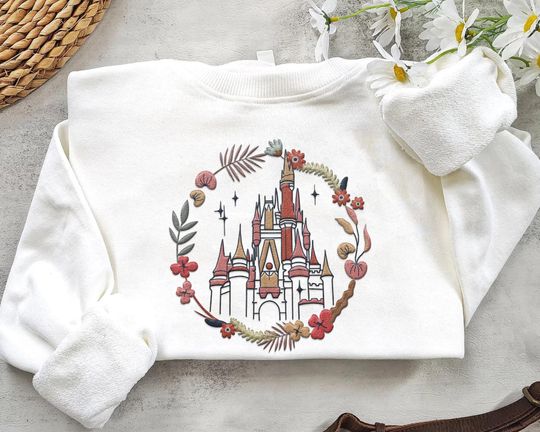 Embroidered Magic Kingdom Castle Wildflower Sweatshirt, Floral  Magical Castle Embroidery, 2024 Family Trip,   World