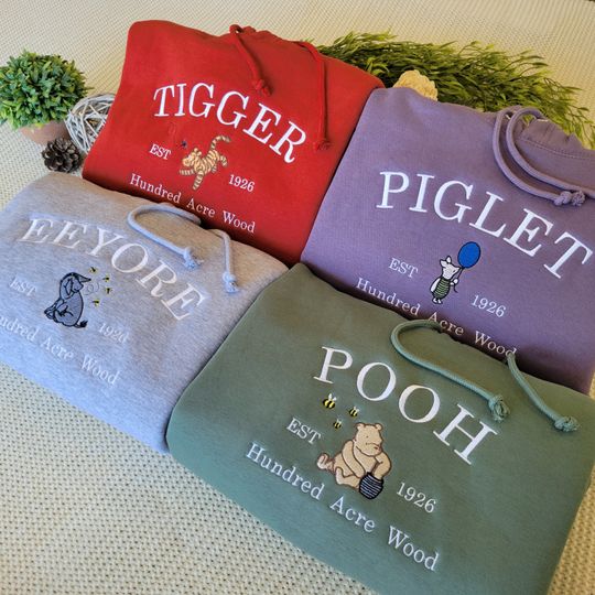 Embroidered Classic Winnie The Pooh 10 Oz Heavyweight Hoodies | Featuring Pooh, Eeyore, Piglet & Tigger