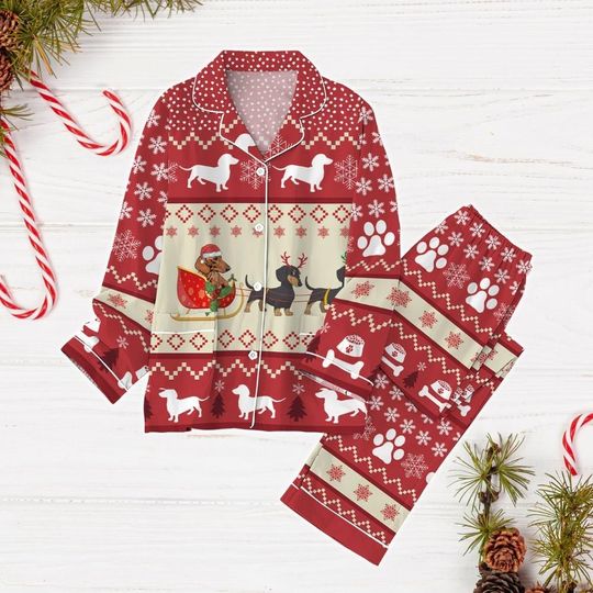 Dachshund Christmas Pajamas Set, Sausage Dog Holiday Pajamas, Dachshund Dog Midnight Shirt, Cute Pet Xmas Pajamas, Dog Lover Gift