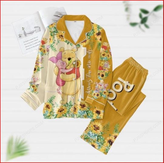 Pooh and Piglet Pajamas Set, Winnie the Pooh Pajamas Set, Pooh Sunflower Pjs, Cartoon Movie Holiday Pajamas, Long Sleeve Pjs, Womens Pajamas