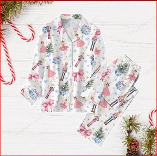Nutcracker Coquette Christmas Pajamas Set, Pink Fairy Holiday Pajamas, Nutcracker Ballet Xmas Pajamas, Christmas Party Gift