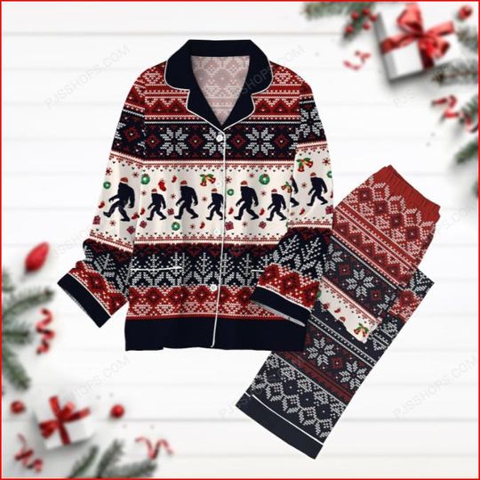 Santa Bigfoot Christmas Pajamas, Sasquatch Holiday Pajamas, Winter Season Pyjamas, Long Sleeve Pajamas, Animal Lover Gift, Camper Lover