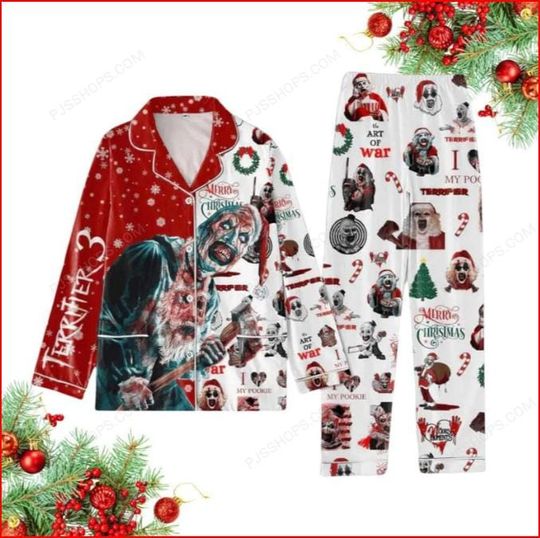 Terrifier 3 Christmas Pajamas Set, Terrifier Art the Clown Shirt, Horror Characters Xmas Pajamas, Holiday Long Sleeve Pajamas