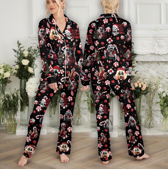 Christmas Terrifier Pajamas Set Family, Art The Clown Holiday Pajamas, Horror Movie Women Pajamas, Holiday Party Tee, Xmas Gift