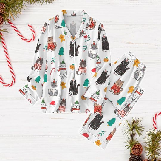 Cat Christmas Pajamas, Black Cat Xmas Pajamas, Cartoon Animal Pajamas, Cute Cat Holisay Pajamas, Cat Lover Gift, Cat Owner Gift