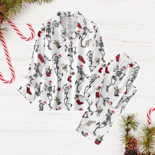 Skull Skeleton Christmas Pajamas, Dead Inside But Jolly Holiday Pajamas, Skeleton Santa Hat Pajamas, Dancing Skeleton Xmas Pajamas