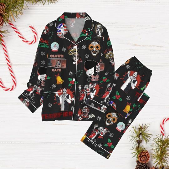 Christmas Terrifier Pajamas Set, Terrifier Art The Clown Holiday Shirt, Horror Clown Xmas Pajamas, Scary Movie Holiday Pajamas