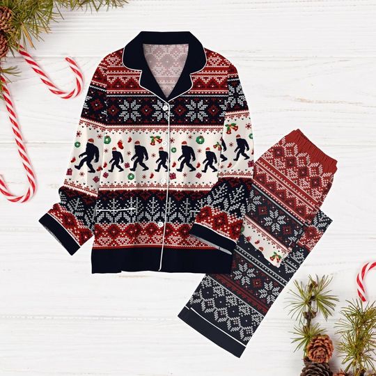 Christmas Bigfoot Pajamas Set, Sasquatch Holiday Pajamas, Big Foot Ugly Xmas Pajamas, Animal Lover Shirt, Winter Season Gift