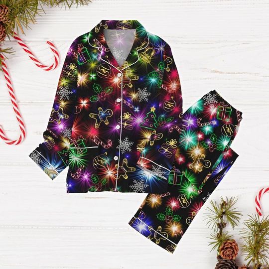 Christmas Bright Neon Lighting Pajamas Set, Santa Claus Christmas Pattern Pajamas, Santa Neon Lighting Pajamas, Merry Christmas Shirt