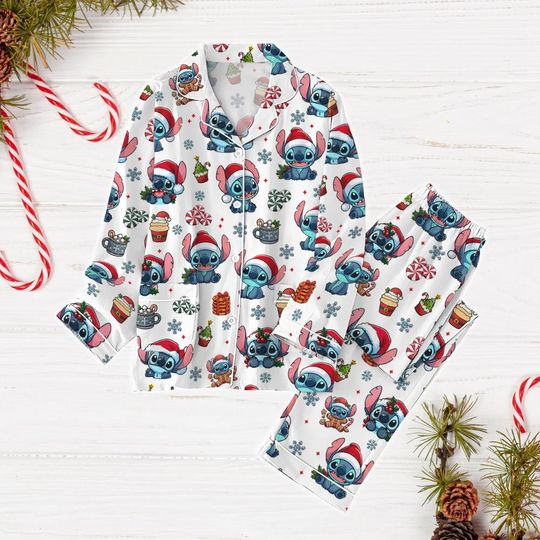Christmas Stitch Pajamas Set, Cute Stitch Xmas Pajamas, Santa Claus Stitch Holiday Pajamas, Disney Movie Shirt, Magic Kingom Shirt