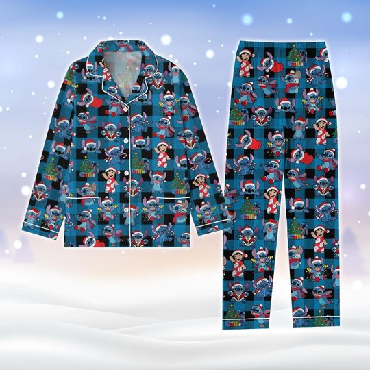 Christmas Stitch Pajamas Set, Disney Stitch Xmas Pajamas, Lilo And Stitch Pajamas Set, Santa Claus Holiday, Christmas Party Shirt