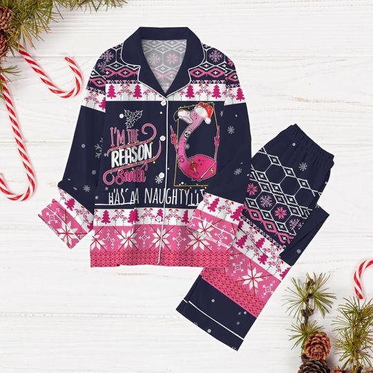 Christmas Flamingo Pajamas Set, Funny Bird Holiday Pajamas, Cute Pink Bird Xmas Womens Pajamas, Santa Naughty List Pajamas Set