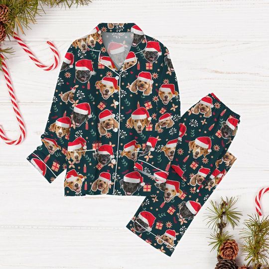 Christmas Dog Pajamas Set, Custom Pajamas With Pet Face, Dog Face Photo Holiday Pajamas, Personalized Family Matching Pajamas