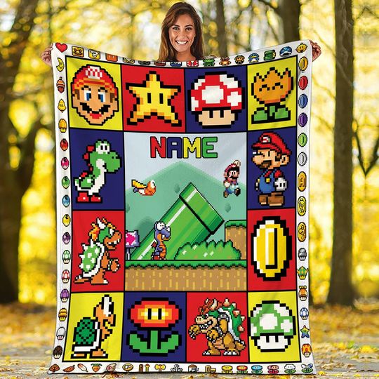 Custom Name Super Mario Blanket, Super Mario Throw Blanket, Super Mario Birthday Gifts, Mario Bros Princess Peach Blanket, Mario Video Game
